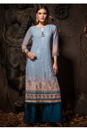 Blue Color Designer Georgette Straight Cut Kurti